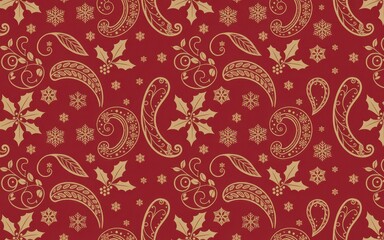 Red and gold paisley holly snowflake Christmas pattern
