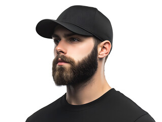 Serious athletic young man with full dark beard wearing a casual black baseball cap and a simple black t-shirt on a neutral grey background
