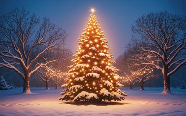 Illuminated Christmas tree in snowy winter park at night