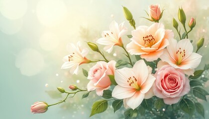 Soft pastel roses and lilies blooming in floral arrangement. Flowers are peach and white with green leaves on light background. Beautiful blossoms and buds with delicate petals in spring garden.