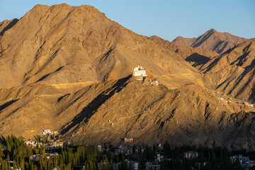 Leh, India - September 24, 2025: Namgyal Tsemo Monastery, a Buddhist monastery and Tsemo Castle located on a hilltop overlooking Leh