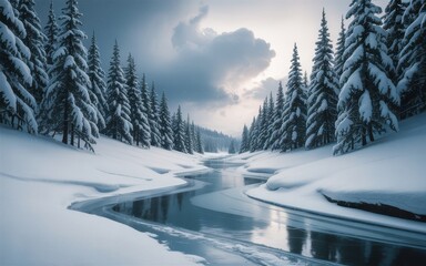 Snowy pine forest with winding icy river under cloudy sky