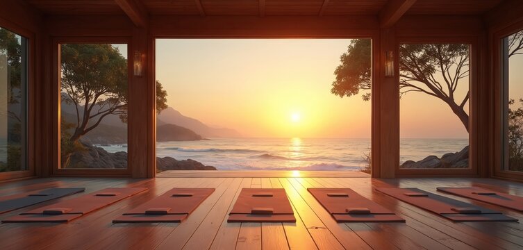 Zen yoga studio with ocean view at sunset. Wooden room with yoga mats. Horizon over sea. Calm tranquil space for fitness meditation relaxation. Beautiful light at dawn