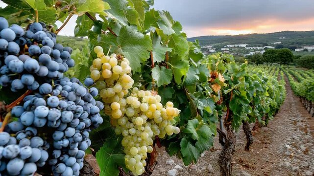 Lush vineyard at sunset with ripe grapes in serene landscape