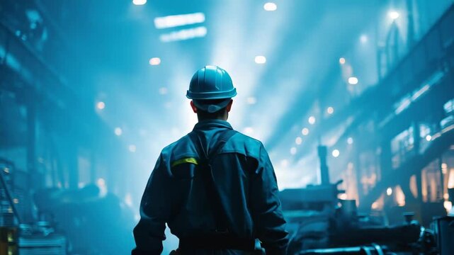 Worker observes machinery in a dimly lit industrial space during the night shift while blue light creates an atmospheric scene