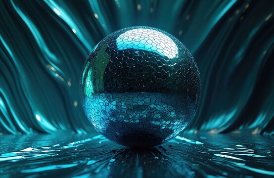 Abstract blue sphere with hexagon texture on liquid surface. Futuristic background with metallic waves, cyan light. Digital art concept for tech innovation, science, network data. Modern wallpaper