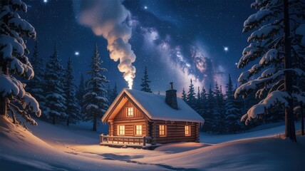 Cozy log cabin in snowy forest under starry night sky
