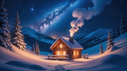 Cozy log cabin in snowy mountains under starry night sky