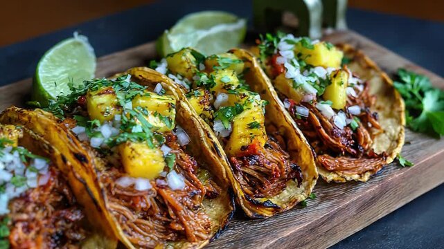 Delicious tacos with pineapple salsa and lime on wooden board: mouthwatering mexican cuisine display. National Fish Taco Day, National Taco Day