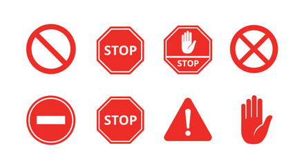 Stop sign set red octagon traffic sign with hand and exclamation mark prohibition symbol do not enter, danger, warning, forbidden, restricted area