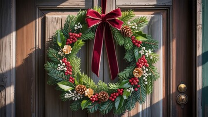 Christmas wreath with red berries and pine cones on wooden door