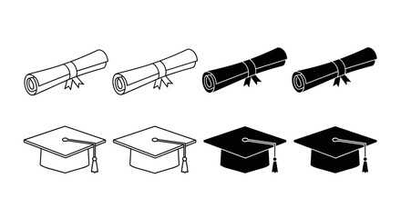 Graduation cap and diploma vector icon set academic hat and degree scroll outline and glyph symbol collection education concept design elements