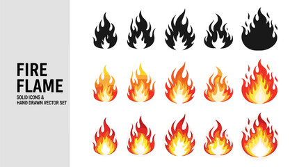 Fire flame vector illustration set hand drawn bonfire, campfire, blaze, inferno, conflagration, and combustion design elements collection