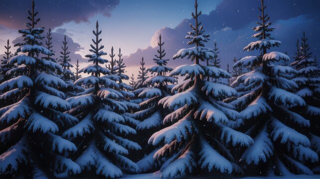 Snow covered pine trees in a winter forest at dusk