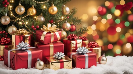 Christmas tree with red and gold gifts and ornaments