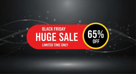 A promotional banner declares a Black Friday Huge Sale event, offering a tempting 65% discount for a limited time on a dark, sleek background. vector illustration
