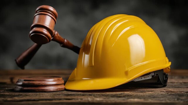 Construction helmet and gavel represent legal aspects of workplace safety and regulations in construction environments