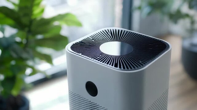 Modern air purifier in sunlit room demonstrating operations and functionality