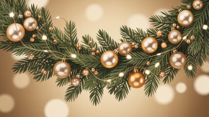 Christmas garland with gold ornaments and lights evergreen