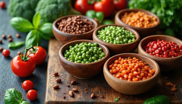 Rustic bowls filled with fresh peas lentils, cherry tomatoes. Broccoli, basil leaves arranged on dark slate table. Healthy food preparation in natural light with wood surface. Ingredients for