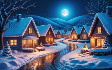 Snowy village at night with full moon and glowing windows