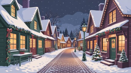 Cozy Christmas village street at night with snow winter