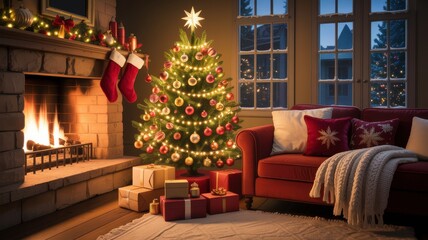 Cozy Christmas living room with fireplace and tree
