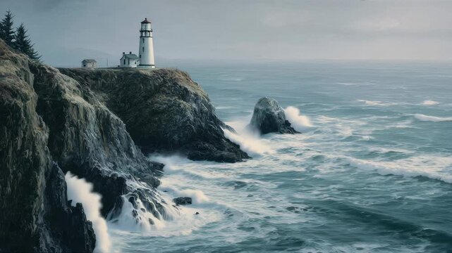 Coastal lighthouse overlooks turbulent ocean waves at dusk near rocky cliffs