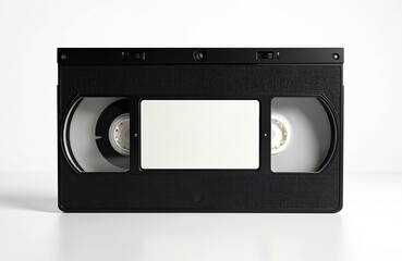 Naklejka premium Black VHS video cassette sits isolated on white background. Retro magnetic tape media stored movies, home memories. Vintage tech for entertainment from 80s, 90s era. Analog recording film format, now