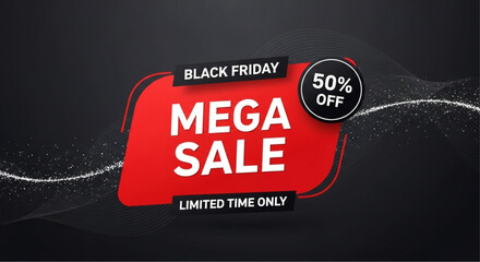 A dynamic promotional banner declares the annual Black Friday Mega Sale, with a striking red and black design. This vibrant advertisement conveys a sense of excitement and urgency. vector illustration
