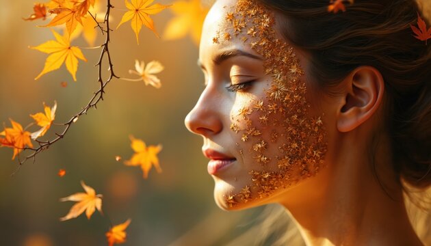 Woman with golden autumn leaves on face. Fall season beauty portrait, gentle nature elements, outdoor light. Peaceful feminine profile close-up.
