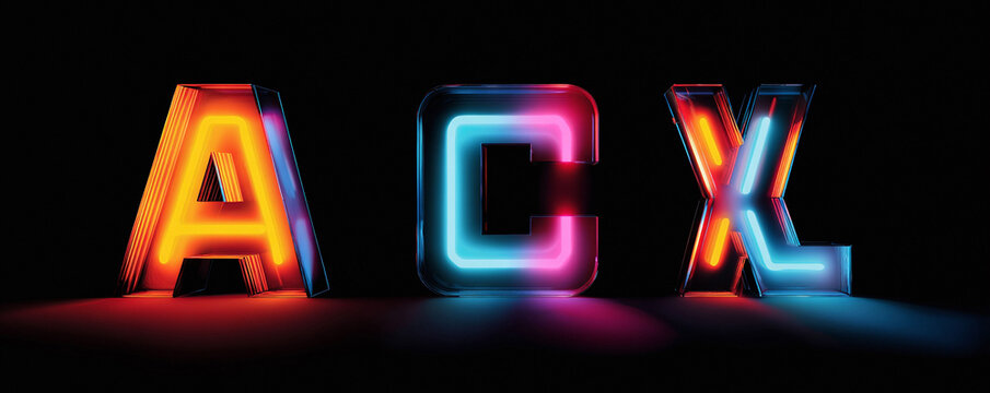 Futuristic neon letters shine against black. Glowing forms, vibrant colors,  bold design. Ideal for tech, gaming, or modern marketing concepts. - Powered by Adobe