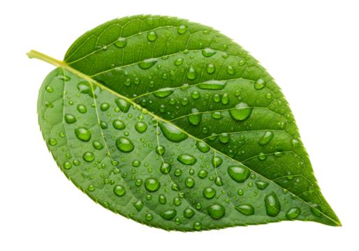 Green leaf with water drops, closeup studio shot