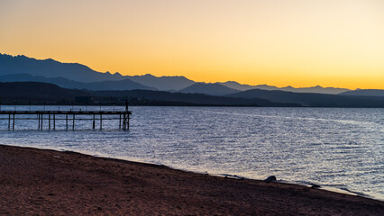 Fototapeta premium Sunset Aerial View of Issyk-Kul Lake, Kyrgyzstan
