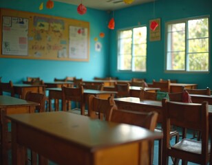 Empty school classroom with wooden desks chairs. Blue walls with school board near windows. Classroom interior with nobody. Education concept design. Back to school and study in school building.
