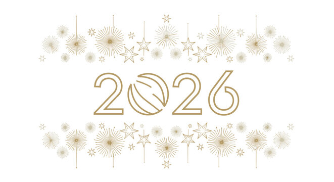 Welcome the year 2026 with a touch of elegance, showcasing delicate golden lines and radiant starbursts, , ideal for sophisticated designs and invitations