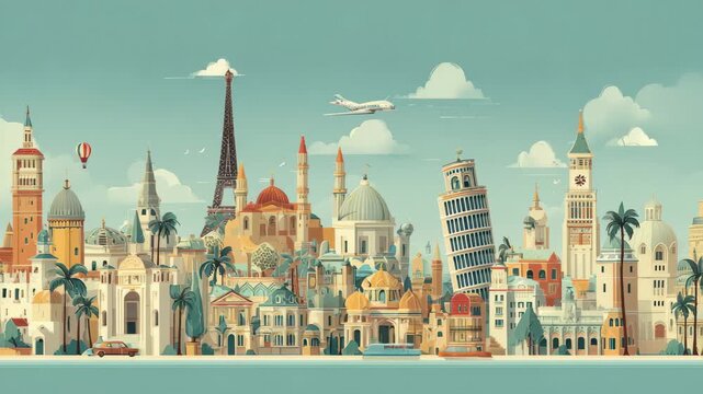 Famous landmarks from around the world represented in a colorful skyline illustration showcasing iconic architecture and travel themes