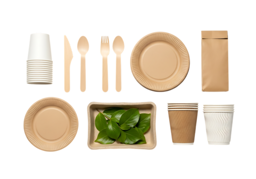 Eco friendly disposable tableware, top view flat lay