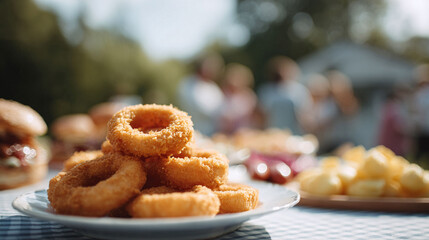 Golden onion rings at an outdoor party Perfect for illustrating summer fun, casual dining, and shared meals with friends and family in a bright, inviting setting.
