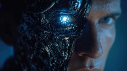 Futuristic Cyborg with Glowing Blue Eye in Sci-Fi Cinematic Lighting