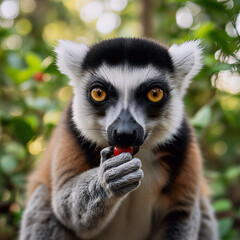 Naklejka premium Ring tailed lemur with striking orange eyes eating a red berry in a lush green forest