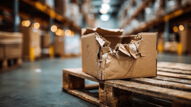 Stunning photo of damaged cardboard box on wooden pallet at warehouse. Torn parcel in logistics, broken container during shipping. Warehouse stock and delivery concept.