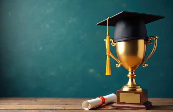 Golden trophy cup with graduation cap and diploma on table. Scholastic achievement award object. Represents success, academic victory, and educational recognition. Copy space available.