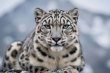 Fototapeta premium Close up portrait of a majestic snow leopard with striking blue eyes in its natural mountain habitat