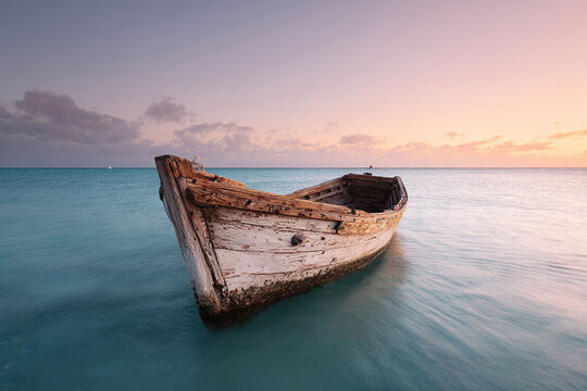 An old, weathered boat rests serenely in calm turquoise waters under a soft, pastel sunset. Evokes themes of tranquility, abandonment, and resilience. Ideal for travel, nature, or conceptual projects.