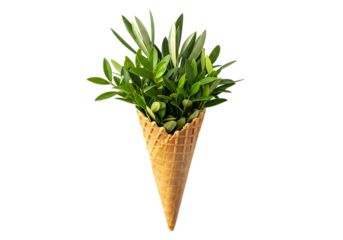 Olive branches in a waffle cone, creative concept
