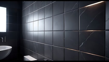 Obraz premium Matte black bathroom tiles with soft paneling and marble veins, modern minimalism and premium aesthetics