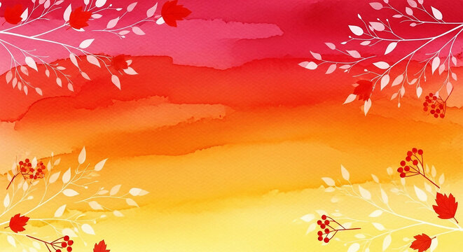 Autumnal branches with red leaves and berries on watercolor background fall