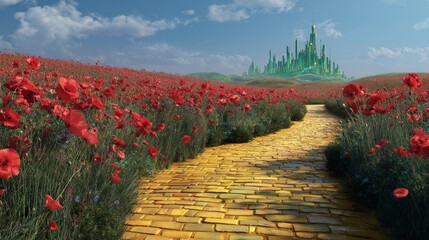 Stunning photo of yellow brick road leading through poppy field to green emerald city in the distance. Wizard of Oz concept.