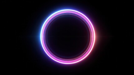 Obraz premium Stunning photo of neon frame in shape of circle,consisting of several lines glowing with laser light on dark background,top view, web design concept,technology presentations.